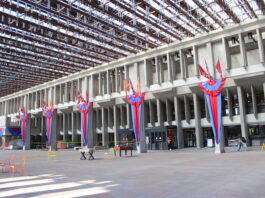 This is a photo of convocation mall facing WAC Bennett Library