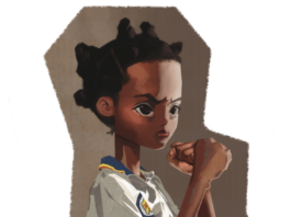 A thin girl with brown skin and short hair stands with her fists raised in a defensive position.