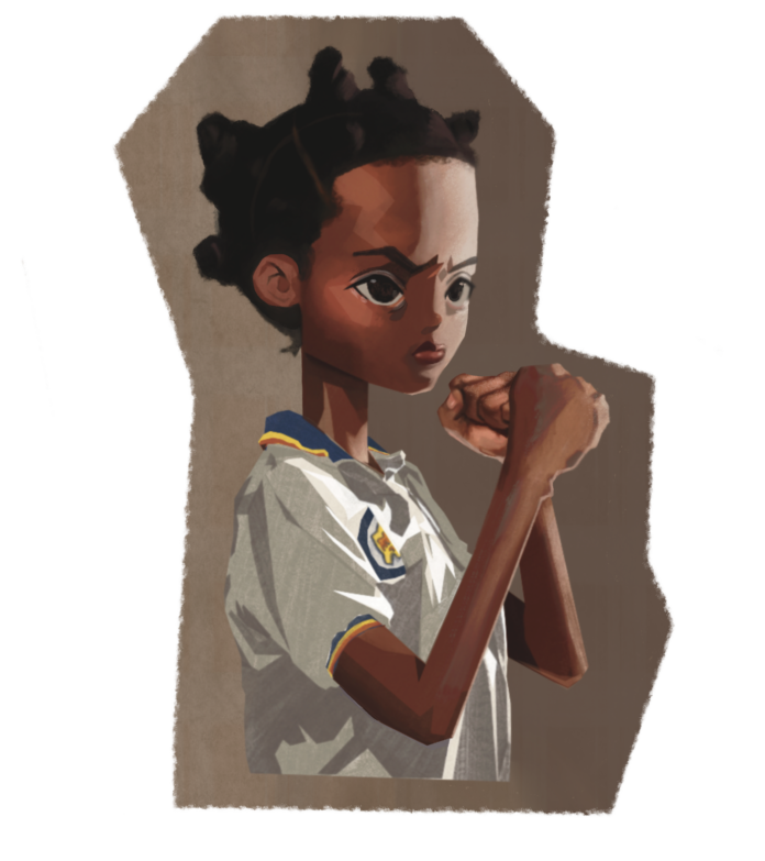 A thin girl with brown skin and short hair stands with her fists raised in a defensive position.