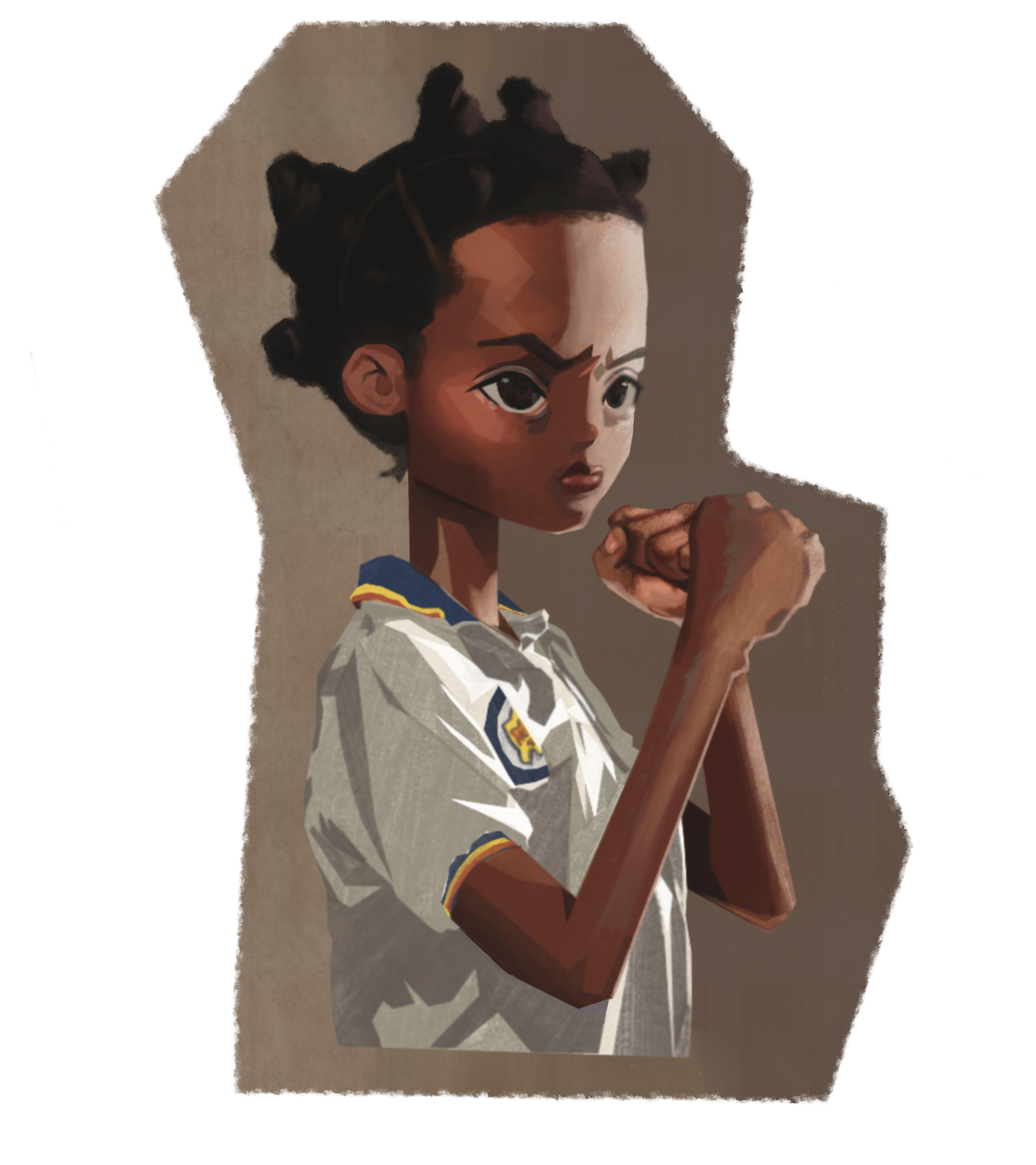 A thin girl with brown skin and short hair stands with her fists raised in a defensive position.