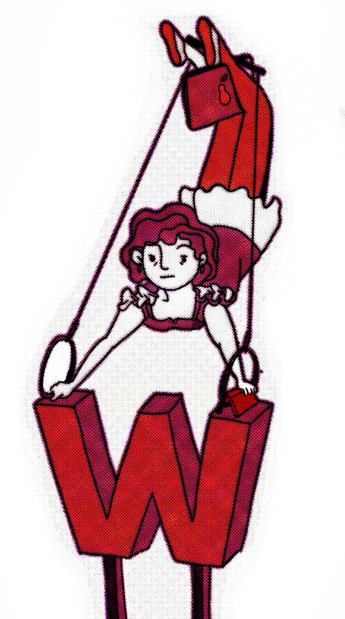 Upside down trapeze artist on top of the SFU Woodward’s sign. She is holding a laptop between her legs.