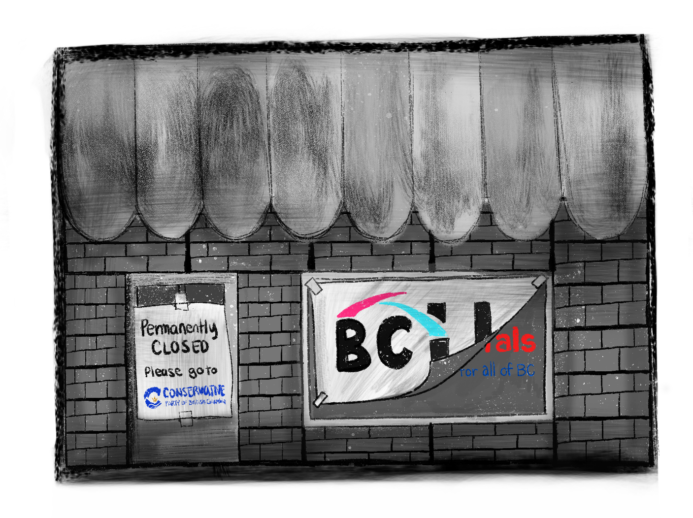 Illustration of an abandoned storefront. The name of the store is the BC United logo but it’s peeling off revealing the BC Liberals logo poking out from underneath. There’s a sign on the door that says “Permanently out of business, please go to BC Conservatives.”