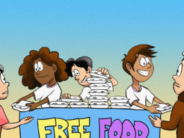 Illustration of three people handing out takeout boxes at a table that reads free food.