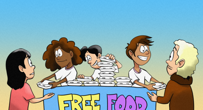 Illustration of three people handing out takeout boxes at a table that reads free food.