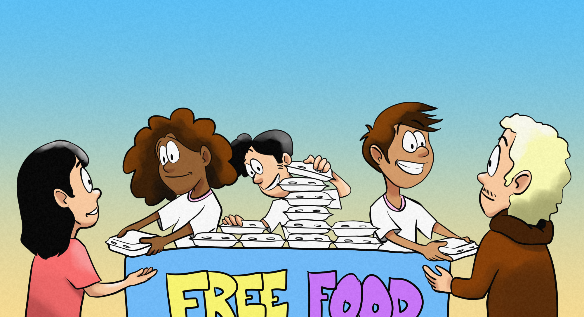 Illustration of three people handing out takeout boxes at a table that reads free food.