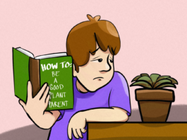 Someone sitting next to a dying succulent. They are reading a self-help book that’s called “How to be a good plant parent”