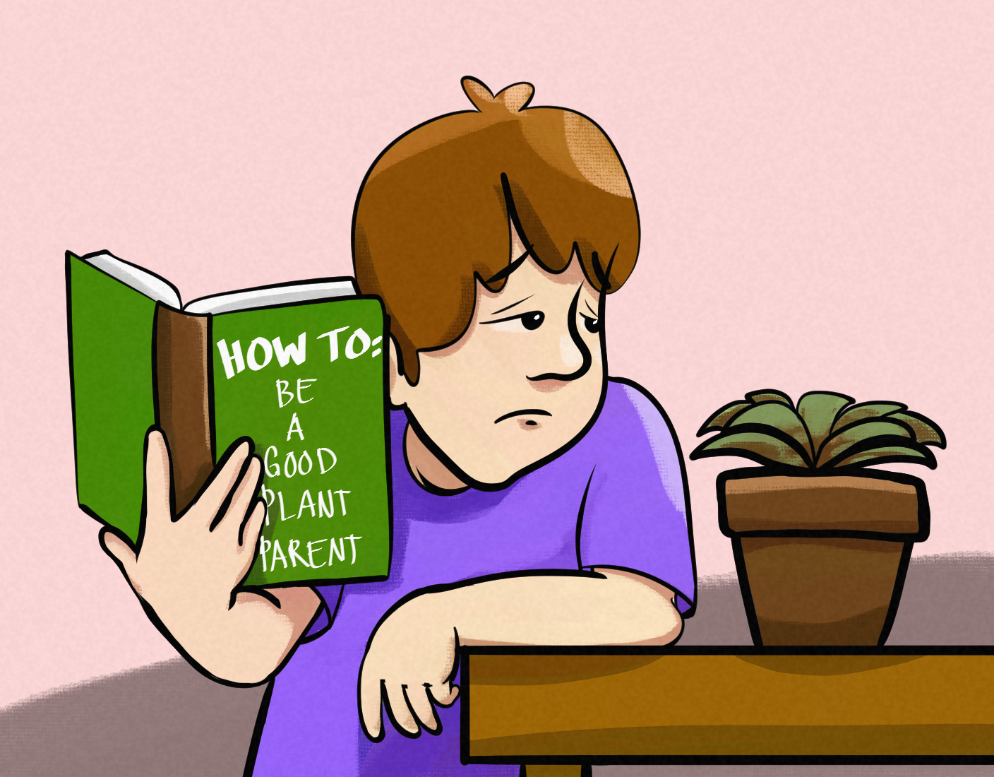 Someone sitting next to a dying succulent. They are reading a self-help book that’s called “How to be a good plant parent”