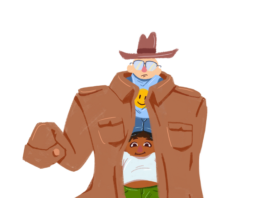 Three small children stacked on top of each other in an oversized trench coat.