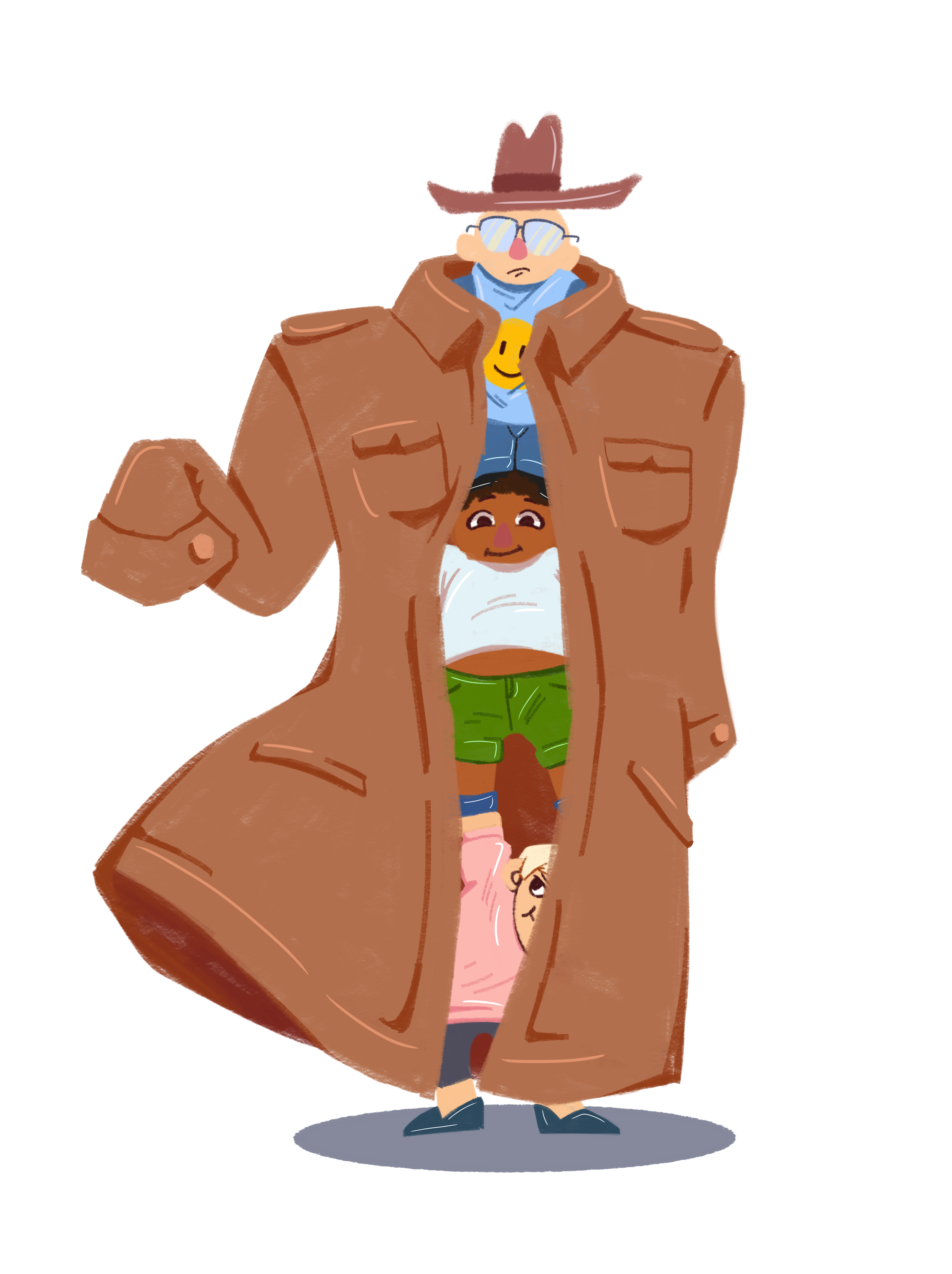 Three small children stacked on top of each other in an oversized trench coat.