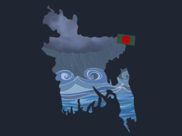 An illustration of the outline of the country of Bangladesh, filled with an illustration of a storm, and with the flag of Bangladesh on the side (a green rectangle with a red circle in the center).