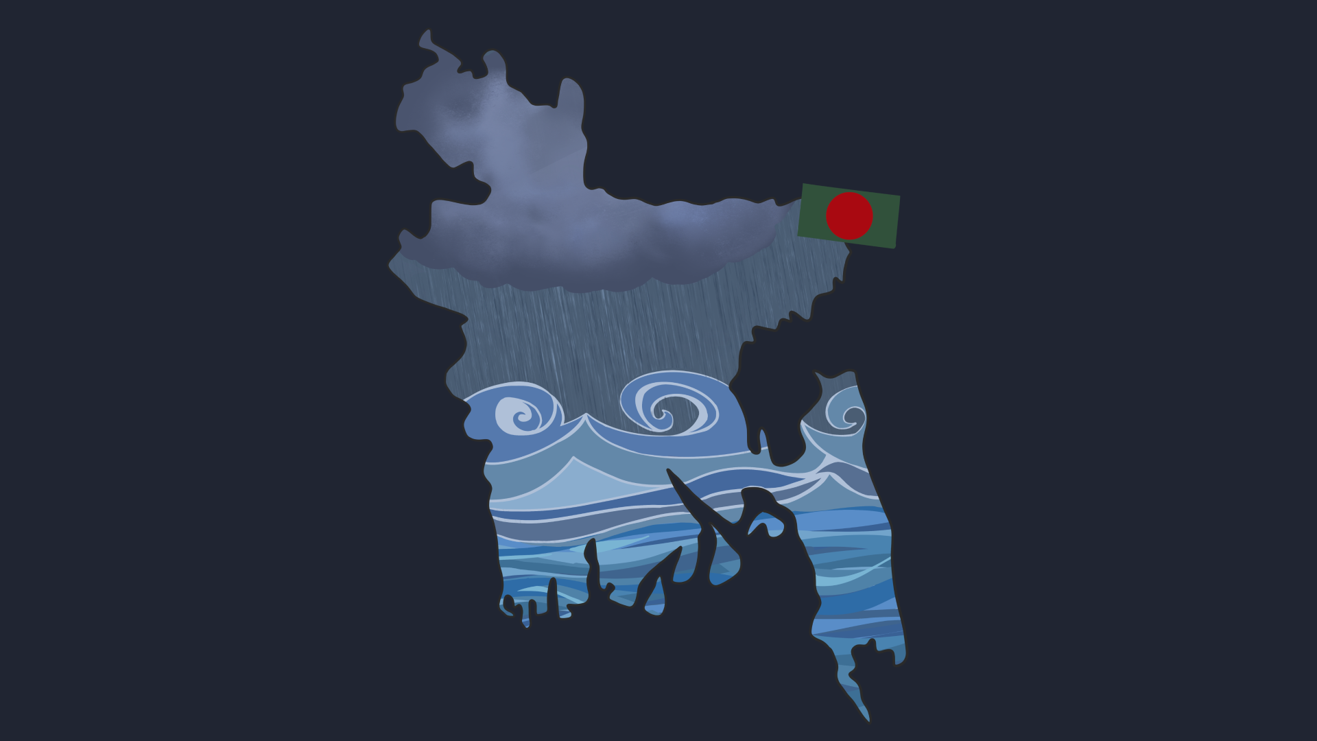 An illustration of the outline of the country of Bangladesh, filled with an illustration of a storm, and with the flag of Bangladesh on the side (a green rectangle with a red circle in the center).