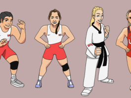 Six athletes in athletic wear (two in red bodysuits that read “USA,” two in red and white bodysuits that have a Canadian flag, one in an all-red one that says “Canada,” and one in a taekwondo uniform).