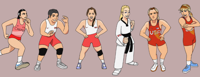 Six athletes in athletic wear (two in red bodysuits that read “USA,” two in red and white bodysuits that have a Canadian flag, one in an all-red one that says “Canada,” and one in a taekwondo uniform).