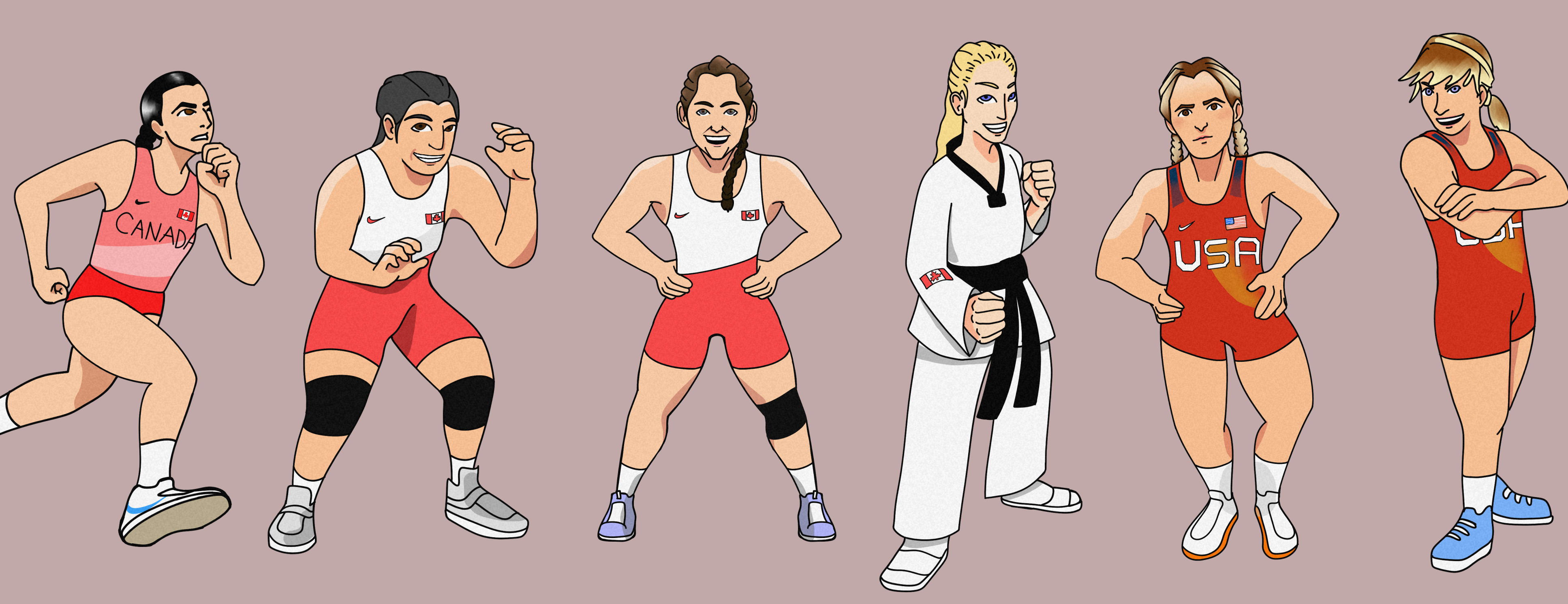 Six athletes in athletic wear (two in red bodysuits that read “USA,” two in red and white bodysuits that have a Canadian flag, one in an all-red one that says “Canada,” and one in a taekwondo uniform).