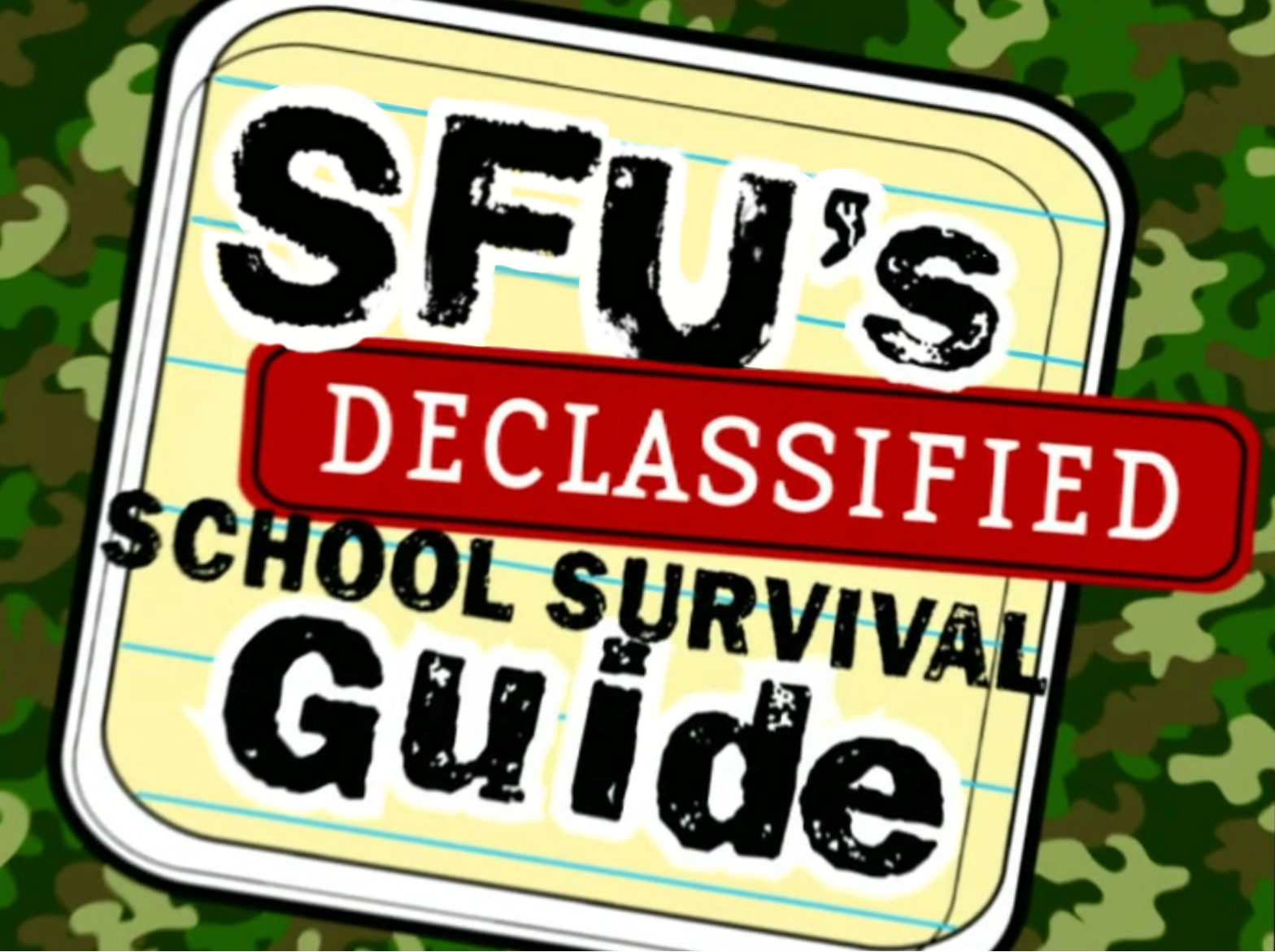 Notebook with camo pattern with label on the front that reads “SFU’s declassified school survival guide.”