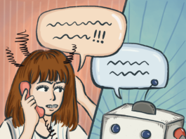 Split panel illustration. In the top panel a woman is on her phone with a frustrated expression. In the bottom panel a square humanoid robot holds a phone.