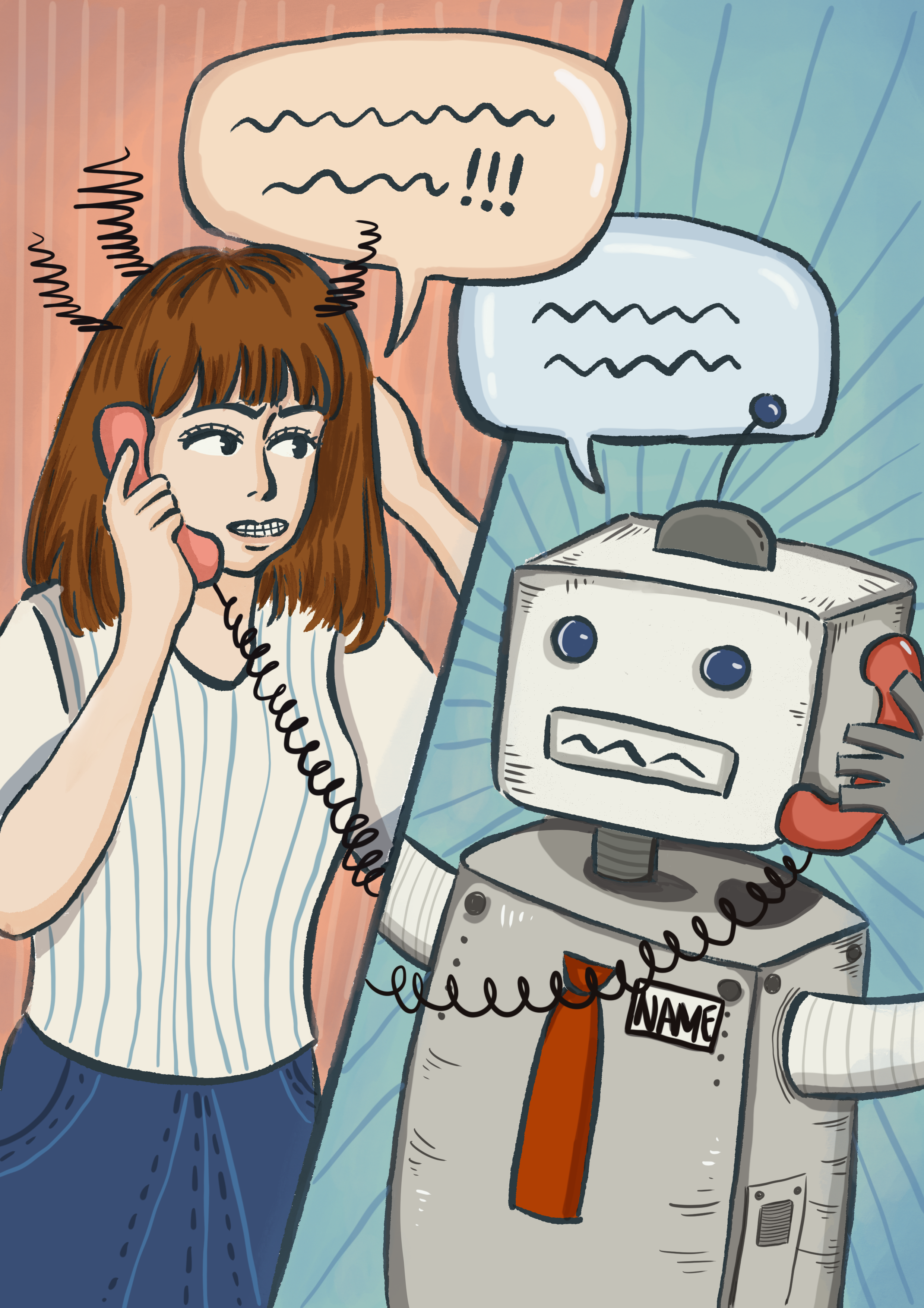 Split panel illustration. In the top panel a woman is on her phone with a frustrated expression. In the bottom panel a square humanoid robot holds a phone.