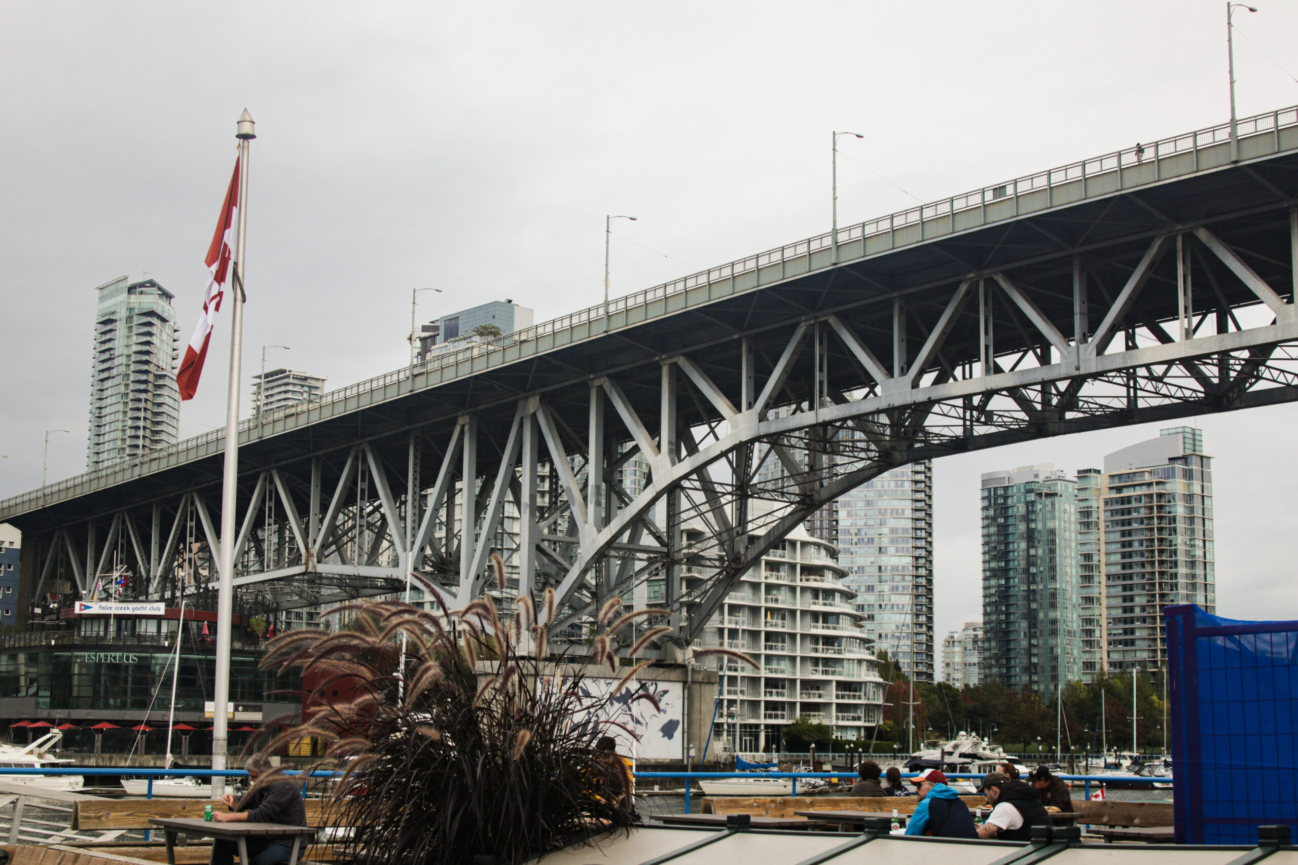 This is a photo of the Granville Bridge taken from the Granville Island public market