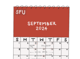 A September calendar with the dates of SFU Month of Welcome events circled.