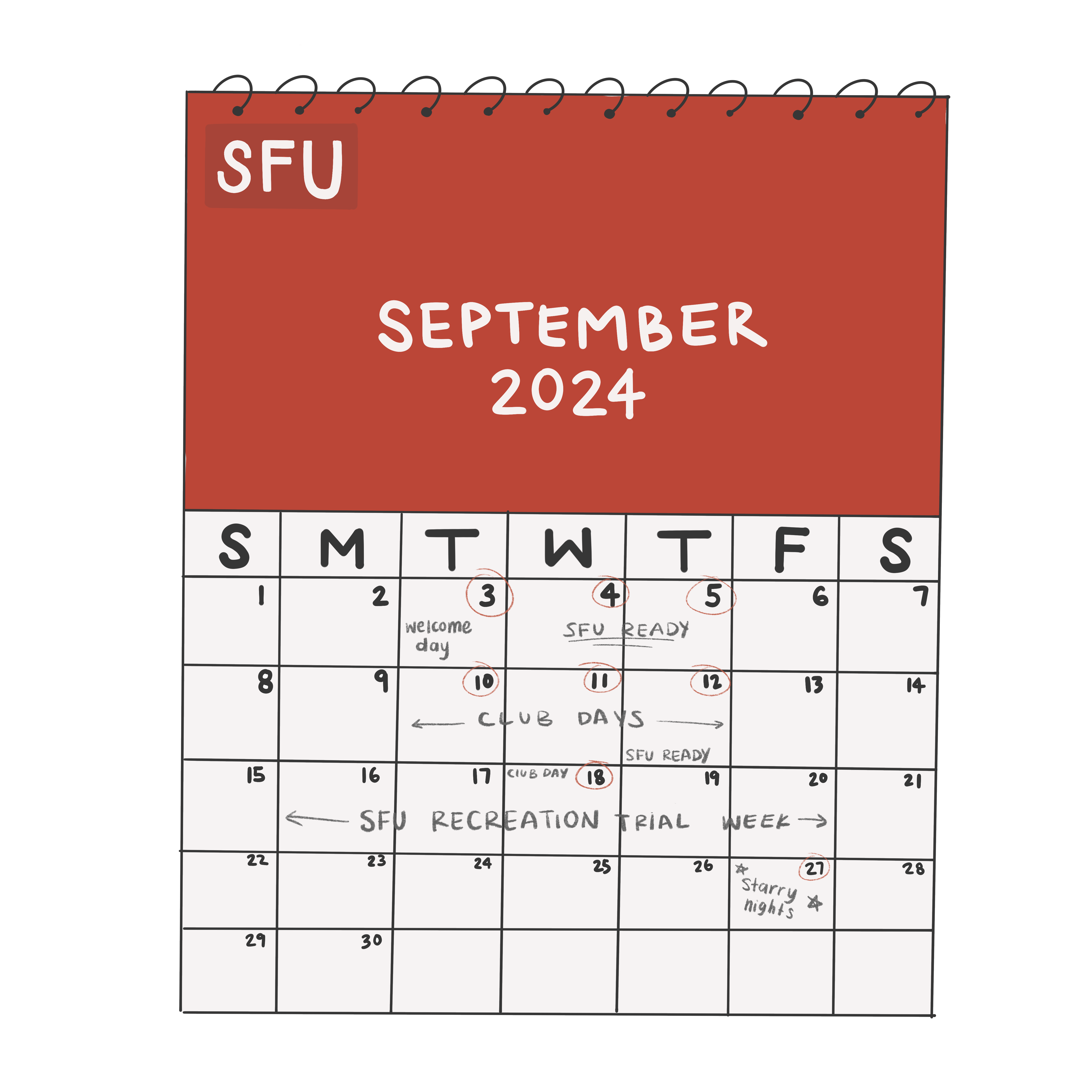 A September calendar with the dates of SFU Month of Welcome events circled.