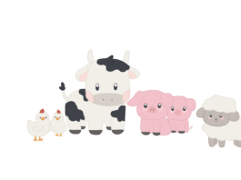 Illustrative farm animals with innocent expressions. Two chickens, a cow, two pigs, and a sheep