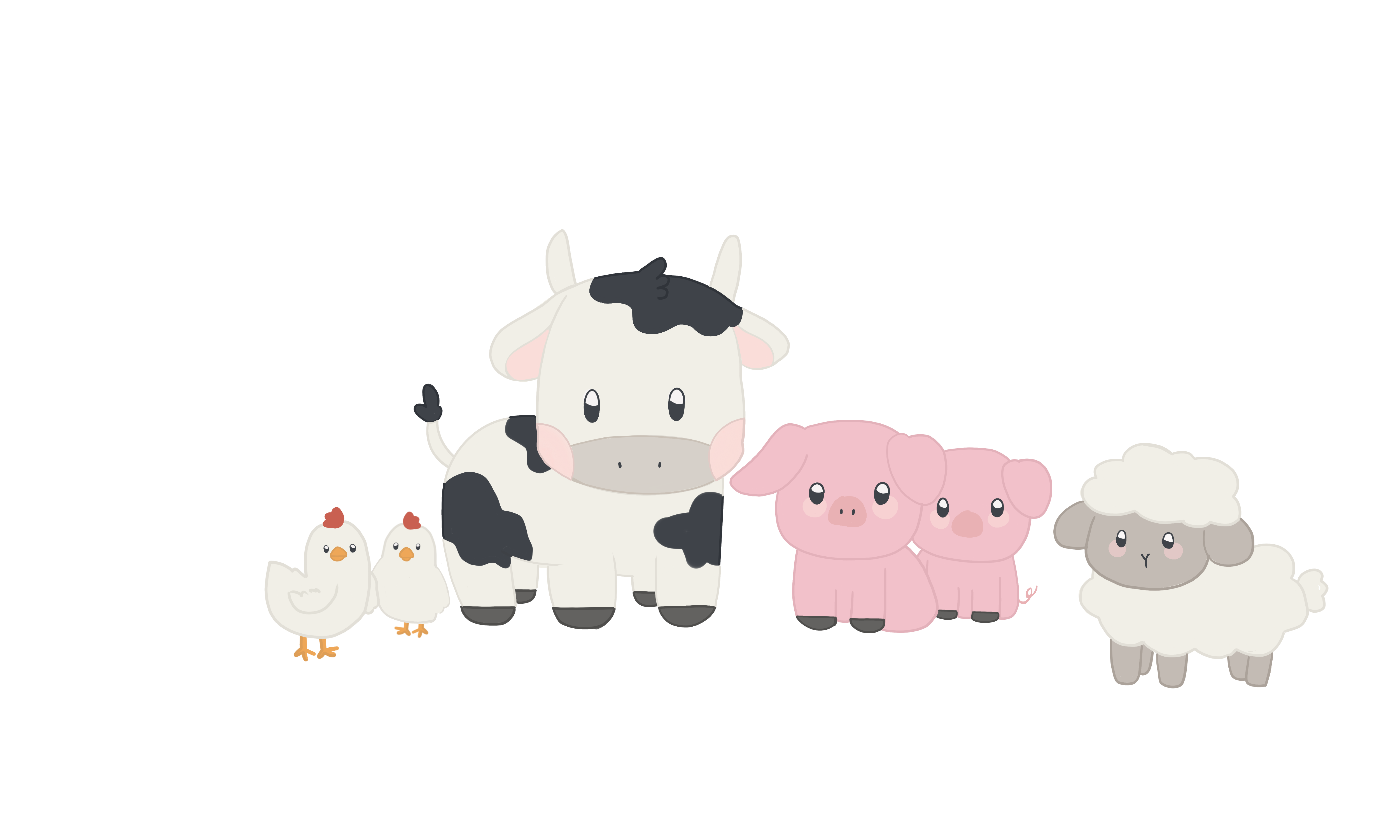 Illustrative farm animals with innocent expressions. Two chickens, a cow, two pigs, and a sheep