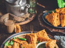 Triangular bread pieces coated in a thick, golden-brown batter.