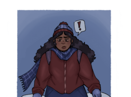 Illustration of someone standing knee deep in snow with a disgruntled expression on their face. They have long black textured hair and are bundled in winter layers.