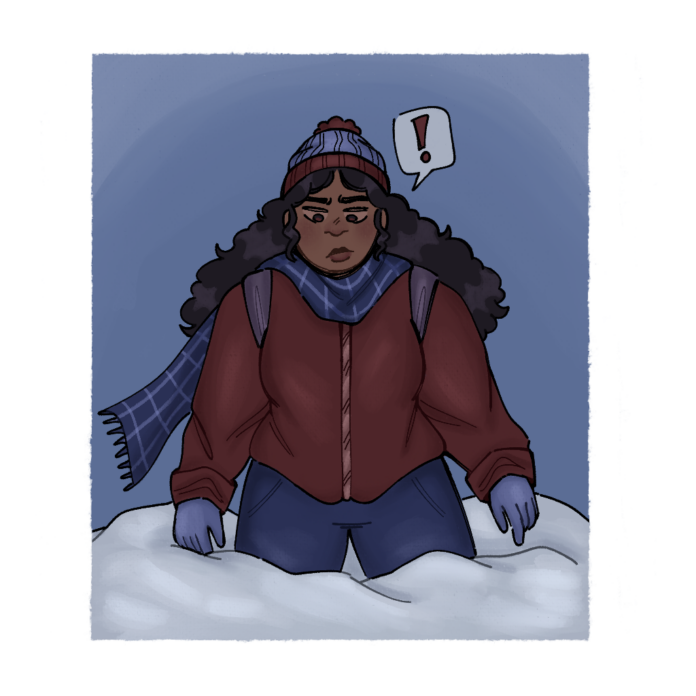 Illustration of someone standing knee deep in snow with a disgruntled expression on their face. They have long black textured hair and are bundled in winter layers.