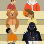 October 31 is approaching and I’m not ready! Six students sitting in a lecture hall. Three are wearing Halloween costumes. One is dressed as Darth Vader, one is dressed as Santa Claus, and the other is dressed as a lion.