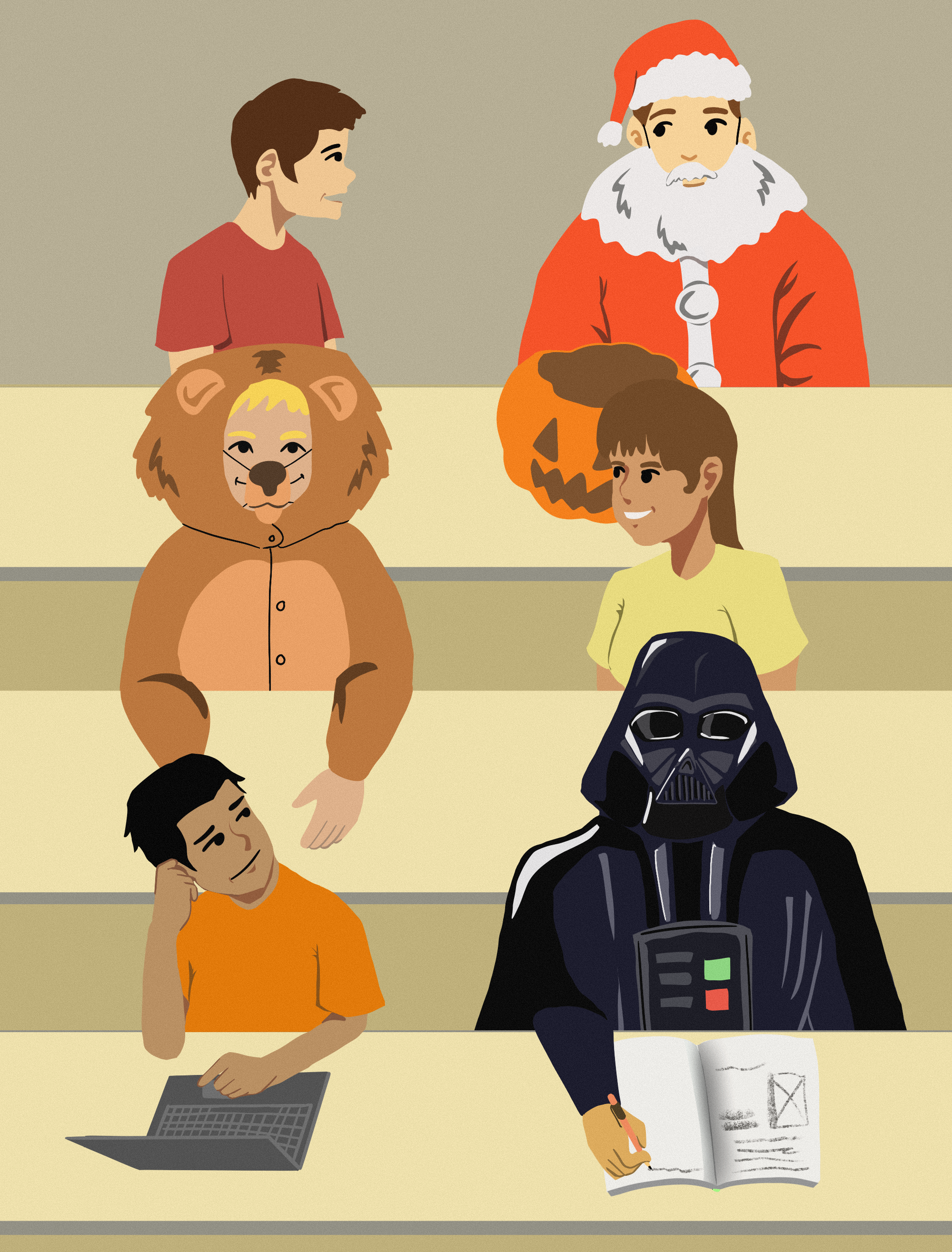 Six students sitting in a lecture hall. Three are wearing Halloween costumes. One is dressed as Darth Vader, one is dressed as Santa Claus, and the other is dressed as a lion.