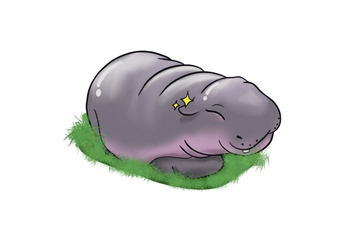 An illustration of Moo Deng, the pygmy hippo, she is calmly lying on some grass.