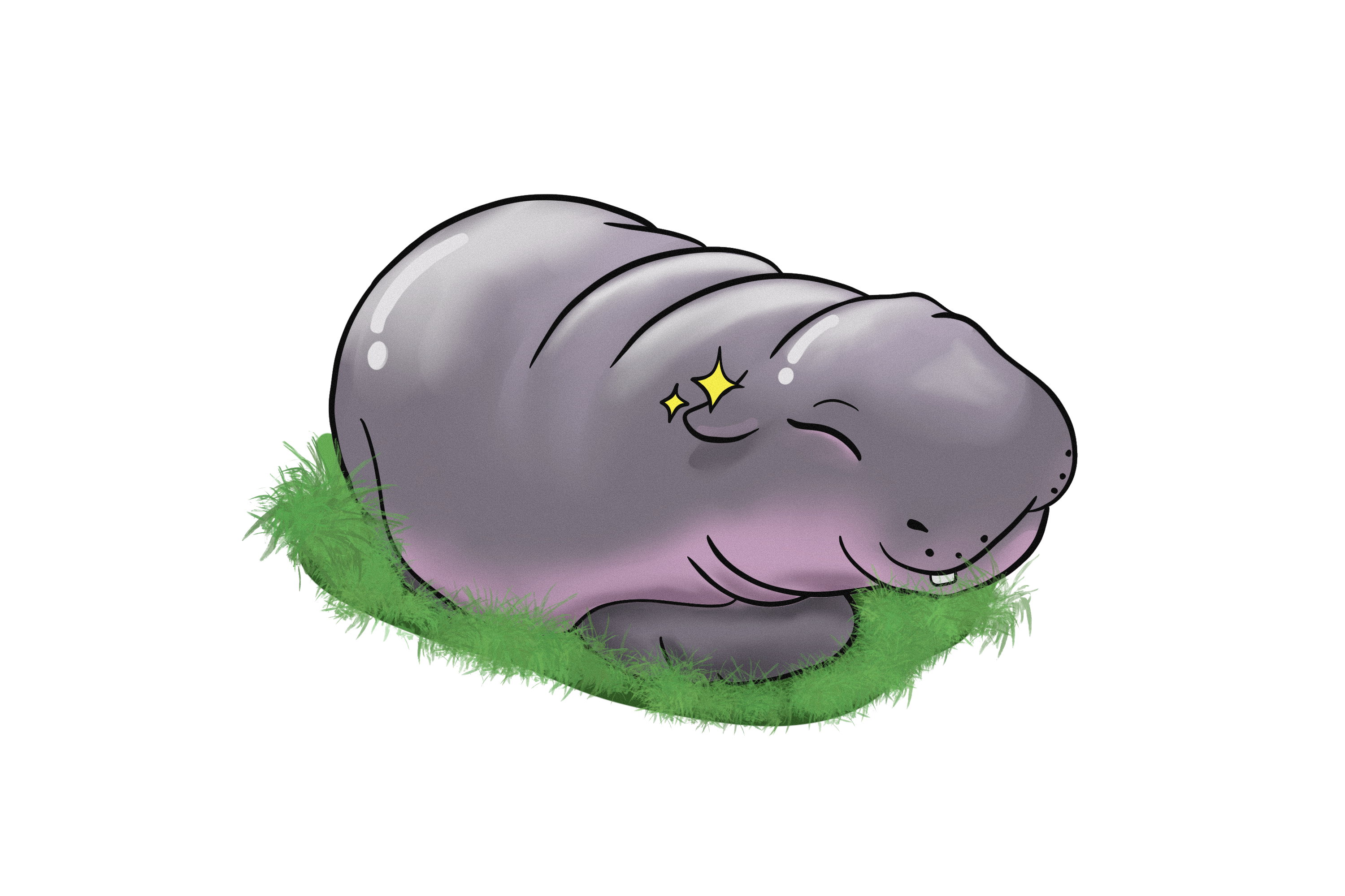 An illustration of Moo Deng, the pygmy hippo, she is calmly lying on some grass.