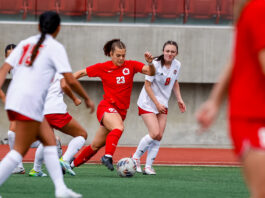 A player with a red uniform on and a maple leaf in the top corner kicks the ball around multiple players in white.