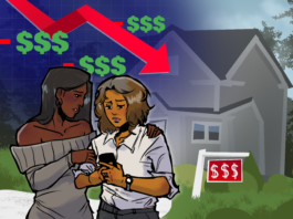 Two women looking at a phone with a worrisome expression on their faces. A house on the background with the illustration of a an arrow plummeting downwards overimposed