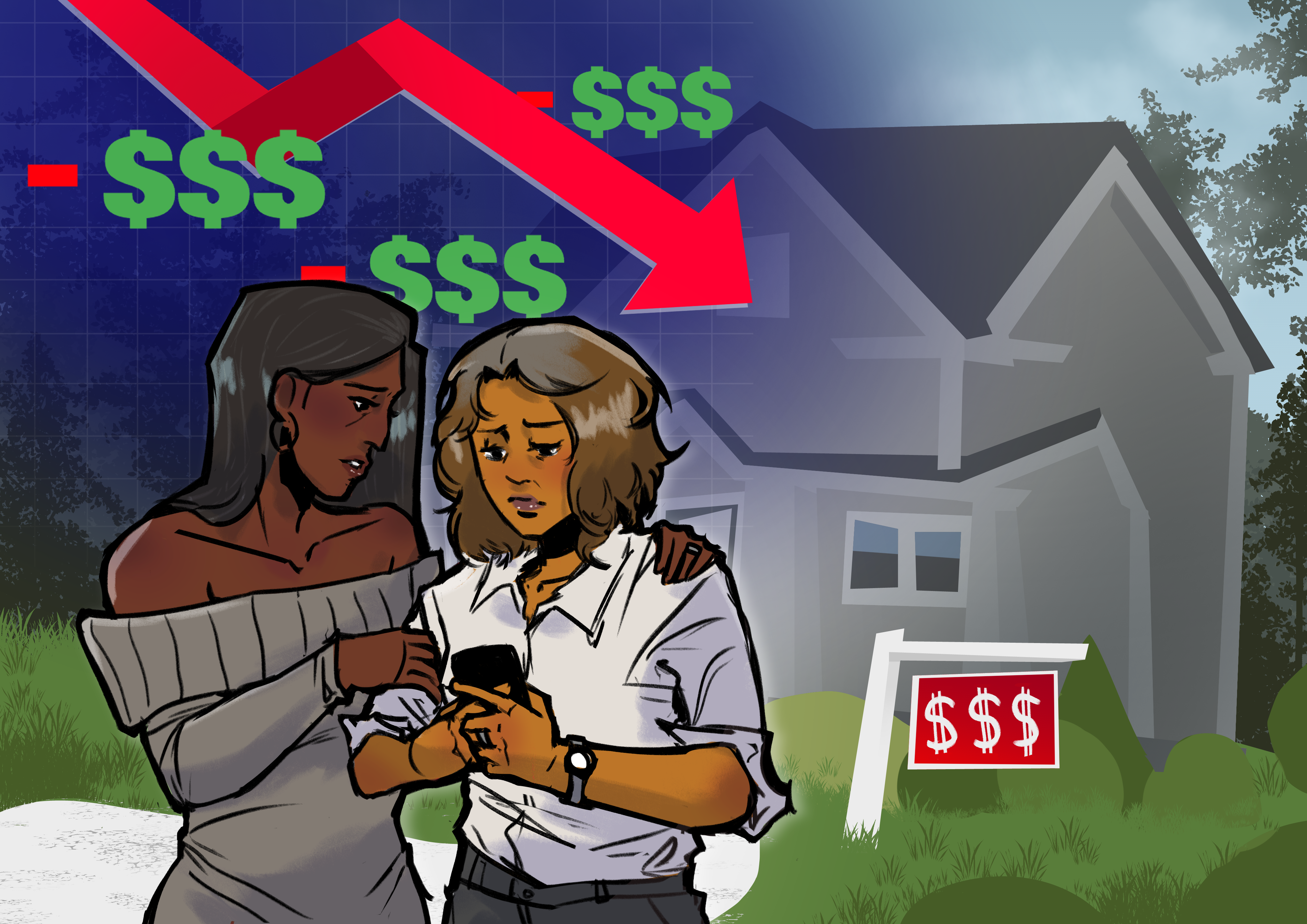 Two women looking at a phone with a worrisome expression on their faces. A house on the background with the illustration of a an arrow plummeting downwards overimposed