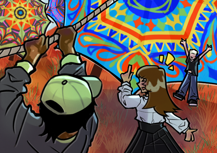 Den Kinanti - Latincouver Large blue, orange, yellow, and red kites with elaborate curling patterns are flown in the sky by various people.