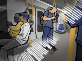 The inside of a skytrain car with various people sitting and standing. Lines of poetry flash across the background.