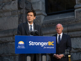 This is a photo of David Eby speaking in front of a podium that says “StrongerBC for everyone.”