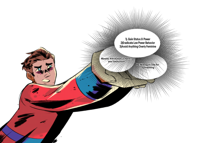 An illustration of a man holding text bubbles with typical messages found in self help books aimed to men, such as “Master attraction, charm, and seduction.”