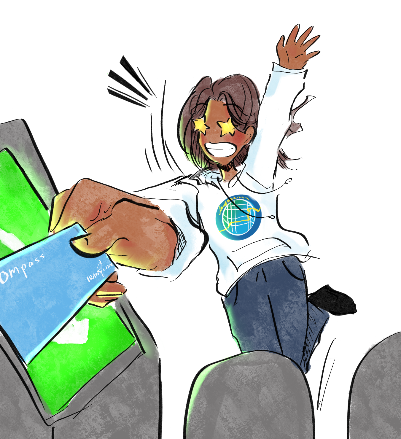 Transit user excitedly tapping their Compass Card. They are wearing a white hoodie with the logo of the SFU Transit Enthusiasts Club