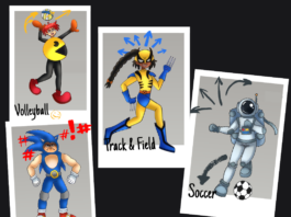 Four costumes for one SFU sports team. Volleyball is a girl with orange hair wearing all black and a Pac-Man costume. Track and Field is a girl dressed in X-Men’s Wolverine costume, with a yellow jumpsuit and blue boots gloves, shoulderpads, and shorts. Wrestling is dressed in a Sonic costume that is blue with spiky hair. Soccer is dressed in a gray astronaut costume while kicking a ball.