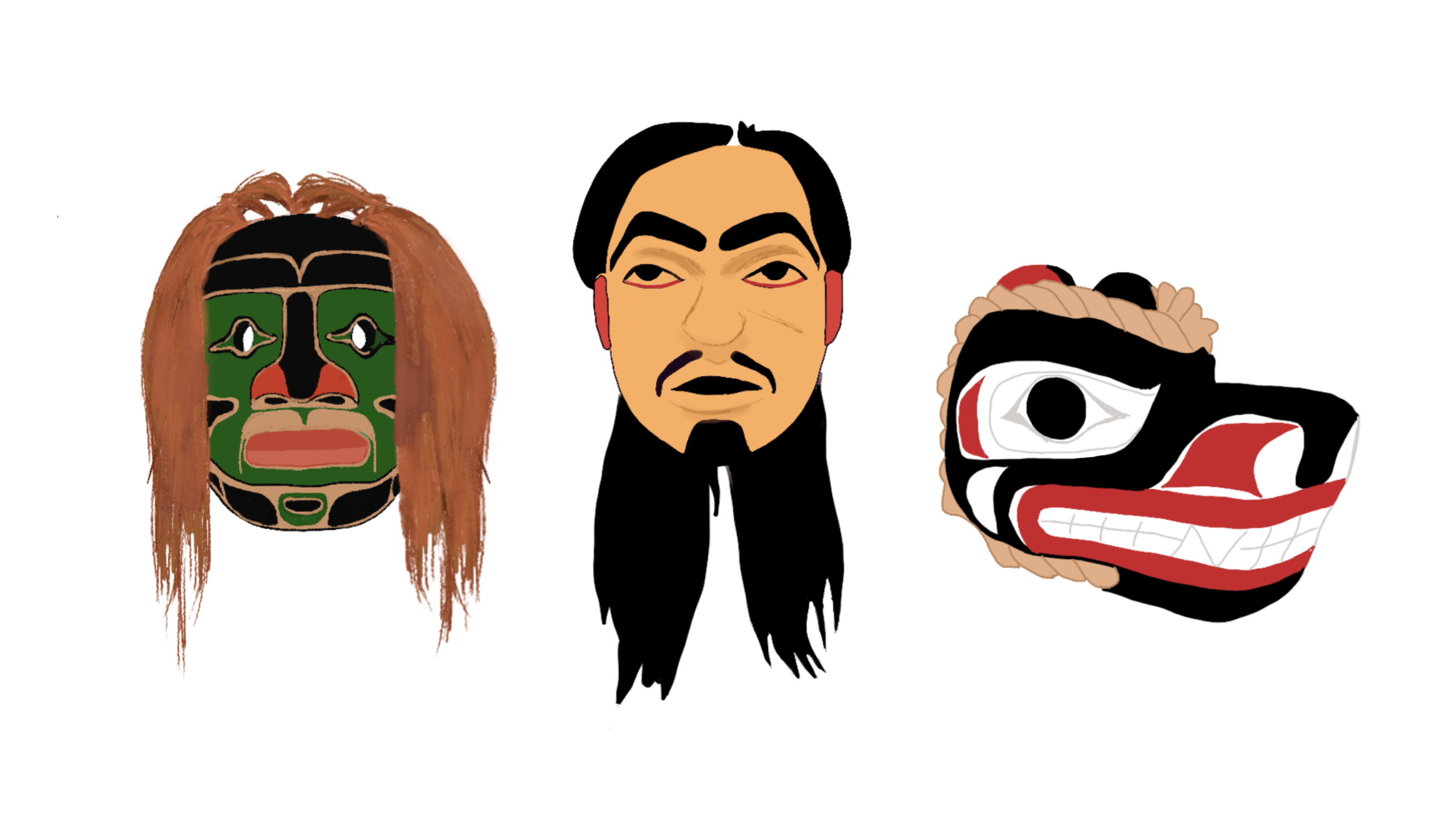 Three masks. The farthest left mask has stringy brown hair drifting from its top, and green, black, brown, and red splotches creating a face. The middle has black hair as well as black eyebrows and a black moustache. On the right is a black mask with a red mouth, big eyes, and thick white lines.