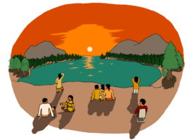 A group of Indigenous youth sit by a lake and watch as the sun begins to set in the background.