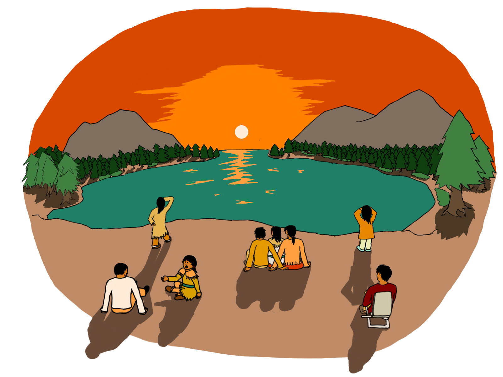 A group of Indigenous youth sit by a lake and watch as the sun begins to set in the background.