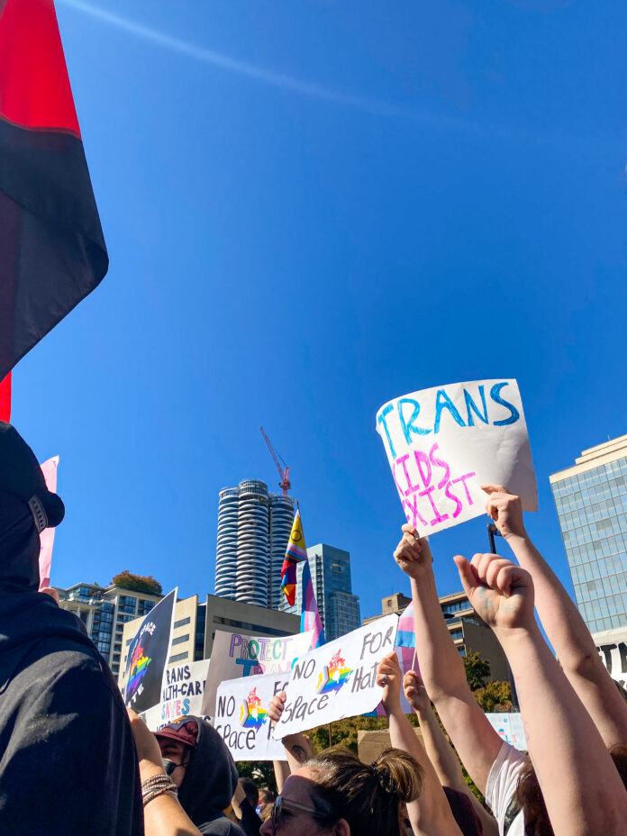 anti-sogi_counter-protest This is a photo of multiple pro-SOGI posters at a counter-protest in Vancouver. One reads, “TRANS KIDS EXIST.”