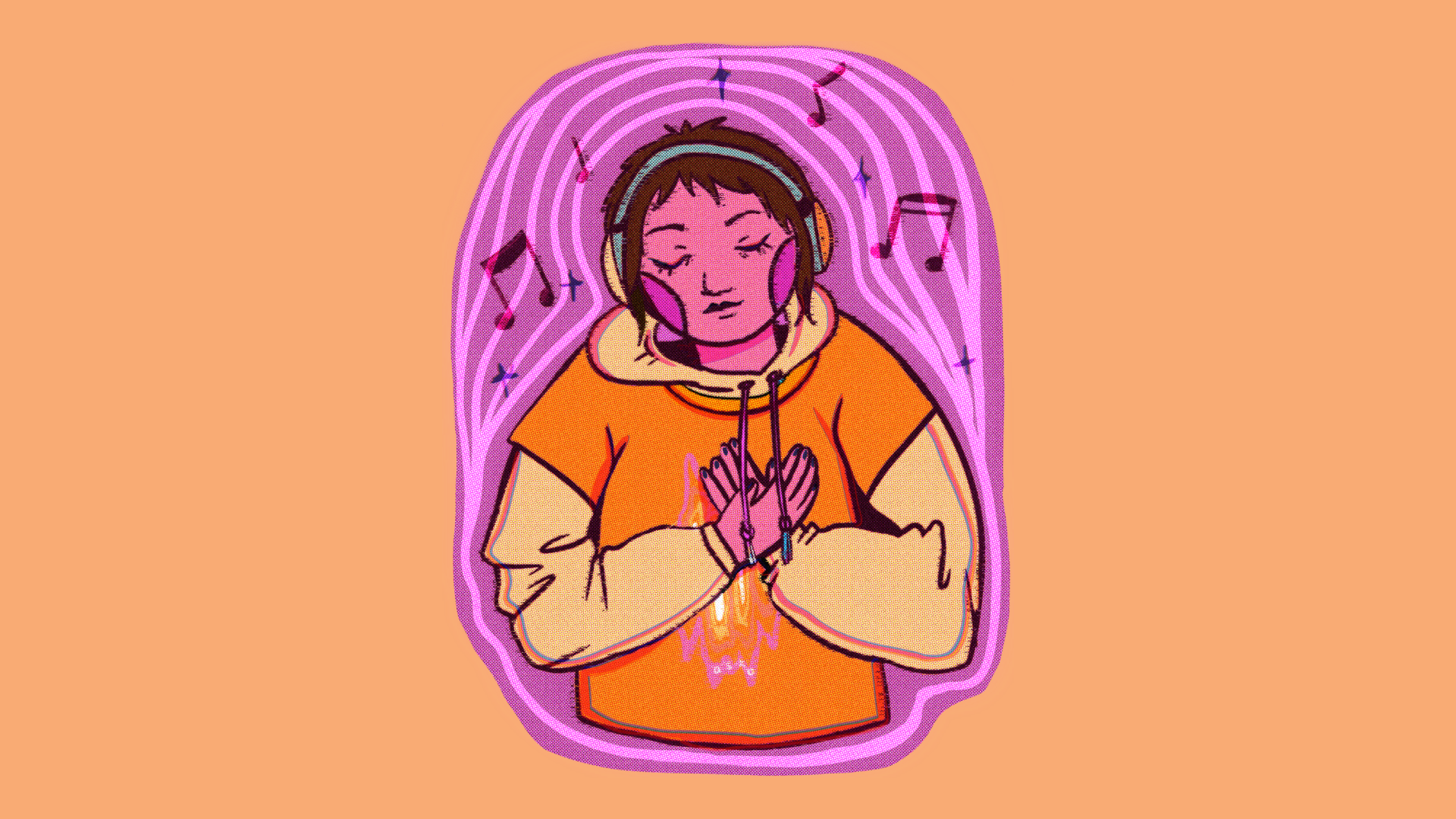 A person with short brown hair and a pair of headphones wears an orange shirt with a wavy, firelike pattern on the front.