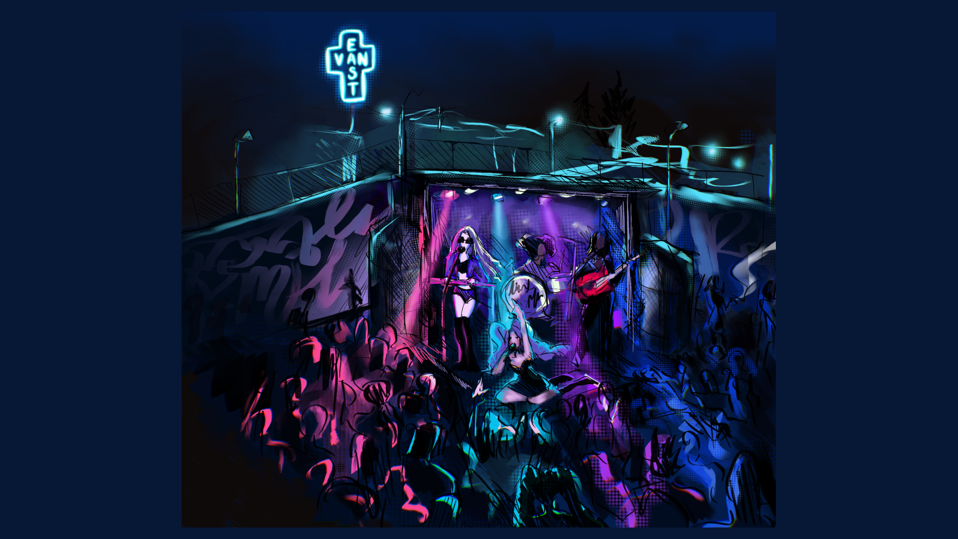 A band is bathed in blue and purple lights as they play an outdoor nighttime concert in front of a large crowd. The EAST VAN sign glows in the back of the piece.