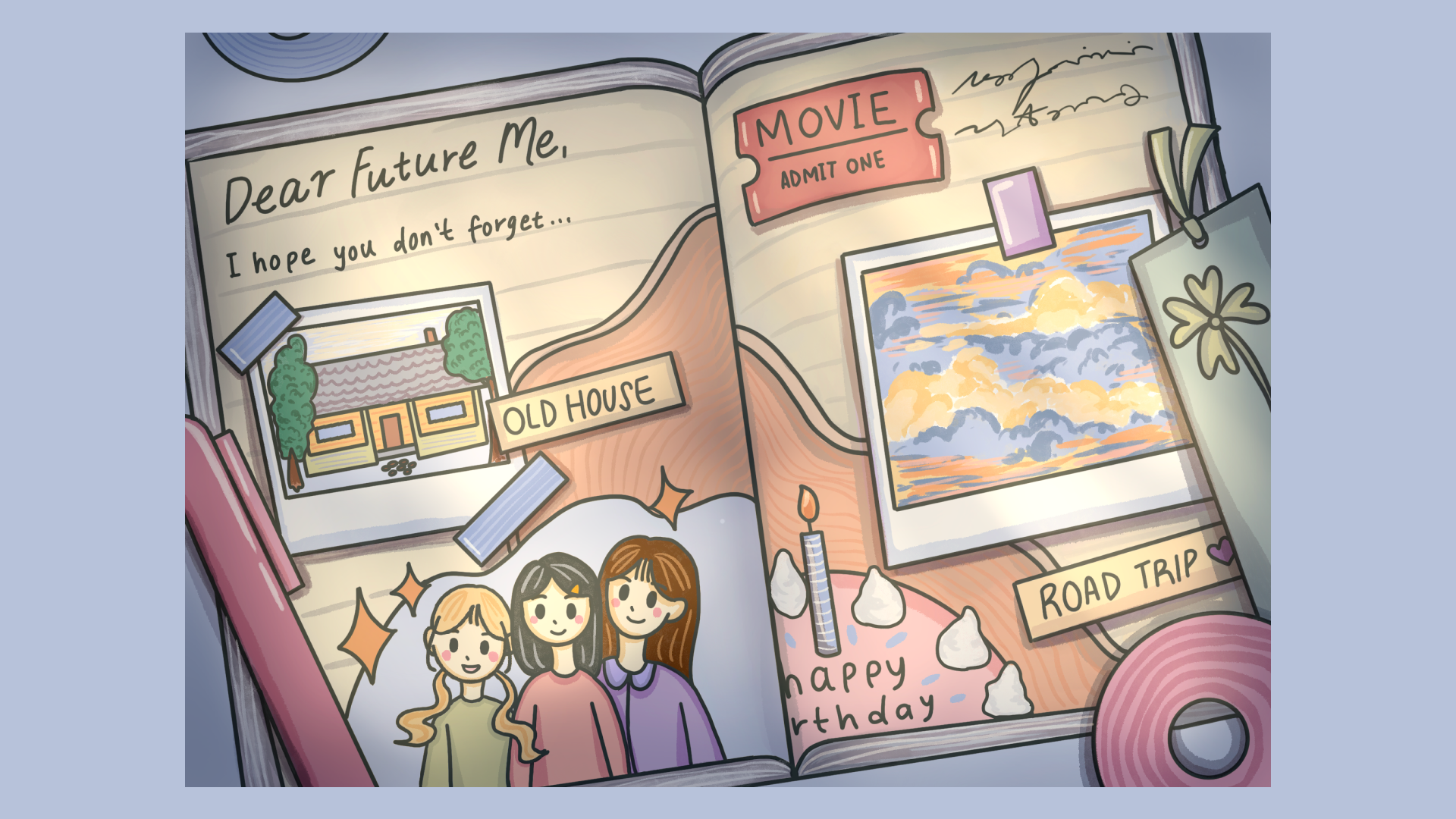 An illustration of a book with photos of different things including a group of people, a house, the sky, and a movie ticket.