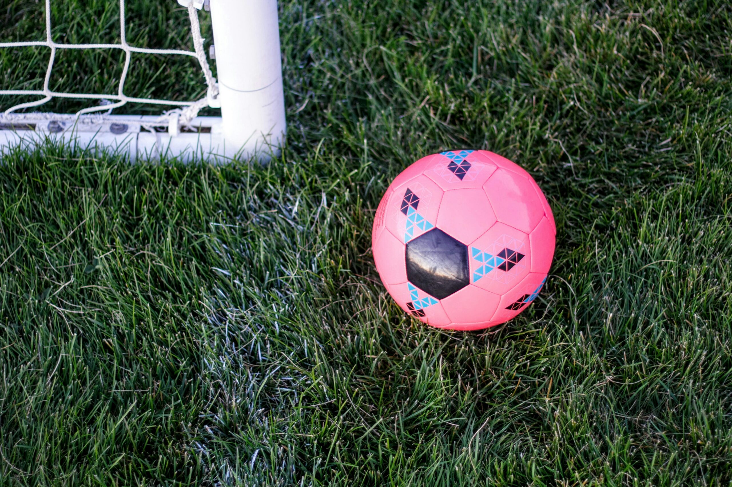 a pink soccer ball sitting in green grass. In the corner, the frame of a soccer net can be seen.